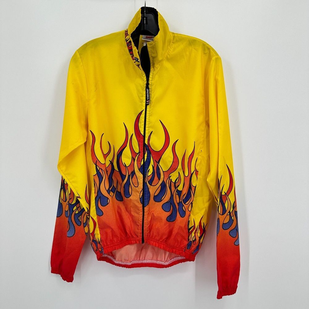 Vintage Pace Windbreaker Jacket Mens M Yellow Orange Flame‎ Cyclist Running 90s